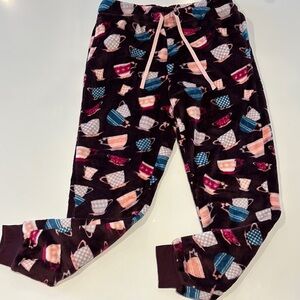 Women’s Joyspun Pajama Bottoms Burgundy With Coffee Cups Soft Fabric S
